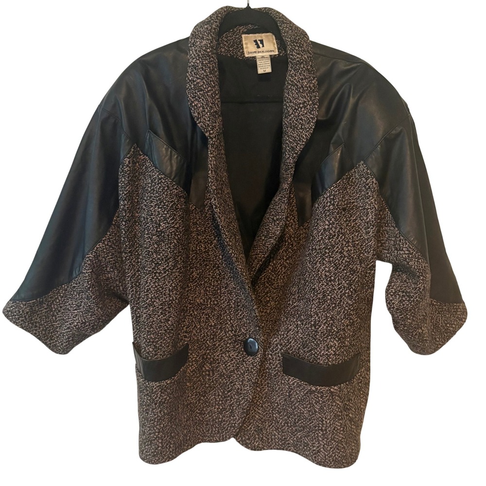 David Benjamin Vintage Y2K 90s Brown Black Wool Tweed and Leather Jacket Size M